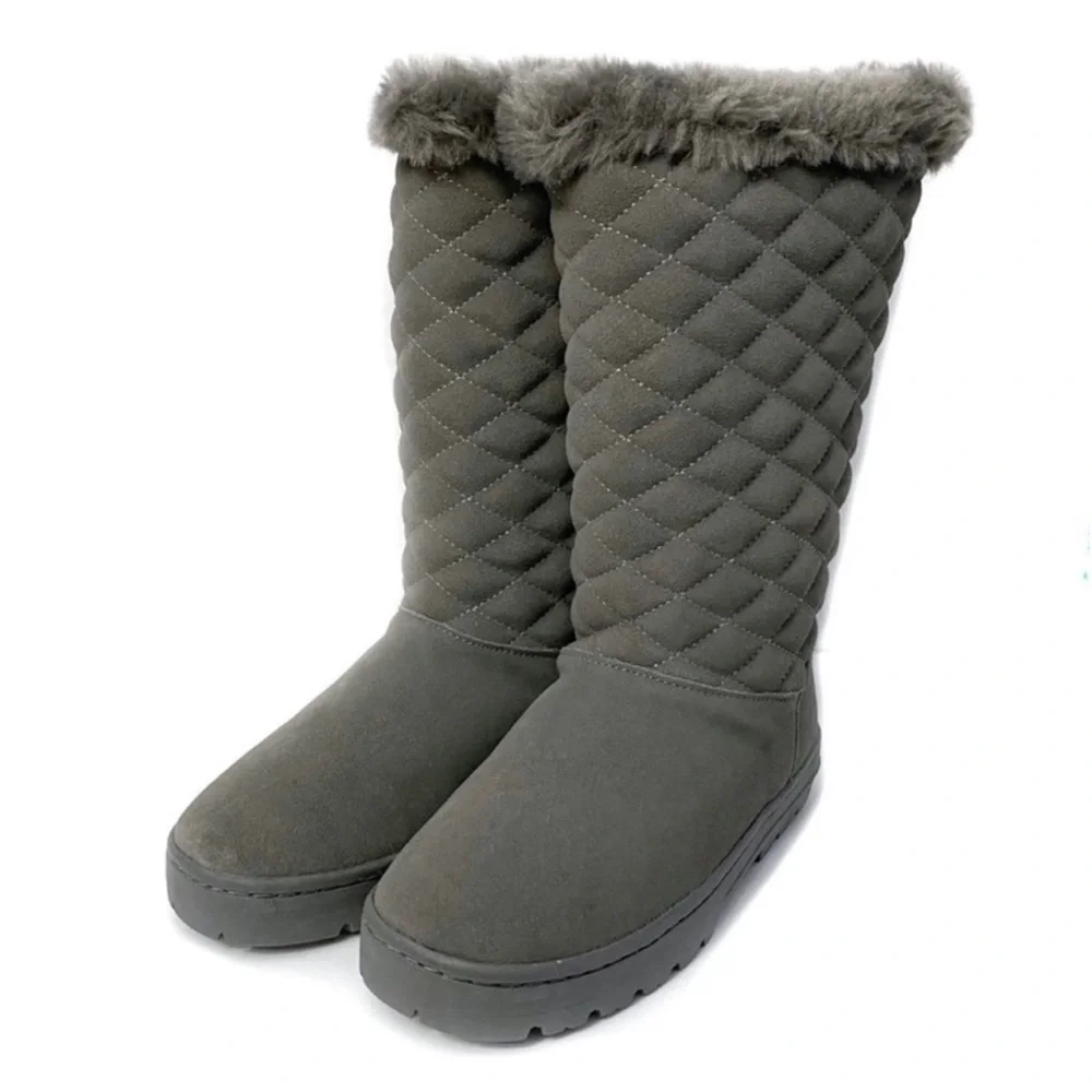 Style & Co. Suede Boot Nickyy Cold Weather Quilted Faux Fur Trim Grey Size 6